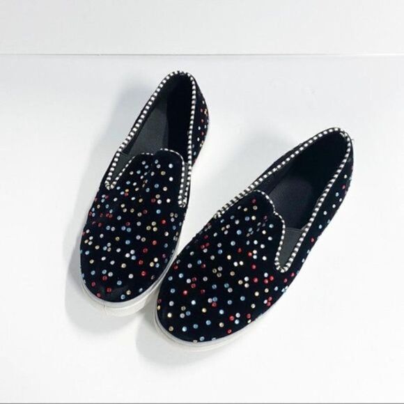 Women's Slip-Ons Flats Heels Round Toe Rhinestone Solid Colored Black Loafers - Picture 1 of 6